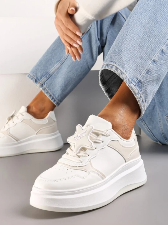 Zdjęcie produktu Biało-Beżowe Sneakersy na Platformie z Odpinaną Gwiazdką Ekaria