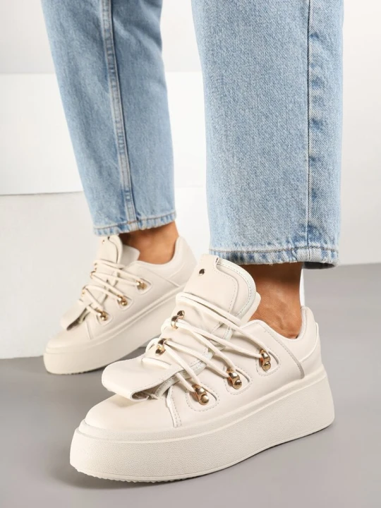 Zdjęcie produktu Beżowe Sneakersy na Platformie z Ozdobnym Szerokim Językiem Zarinea MSMG
