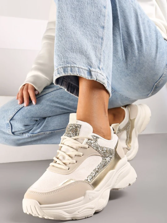 Zdjęcie produktu Beżowe Sneakersy na Platformie z Tłoczeniem Ozdobione Cekinami Narisae