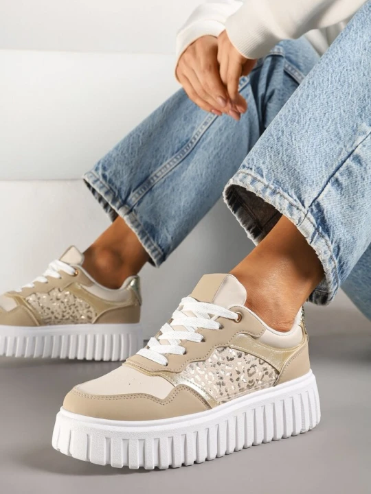 Zdjęcie produktu Beżowe Sneakersy na Platformie z Tłoczeniem Ozdobione Panterką i Perforacją Udivaya Renda
