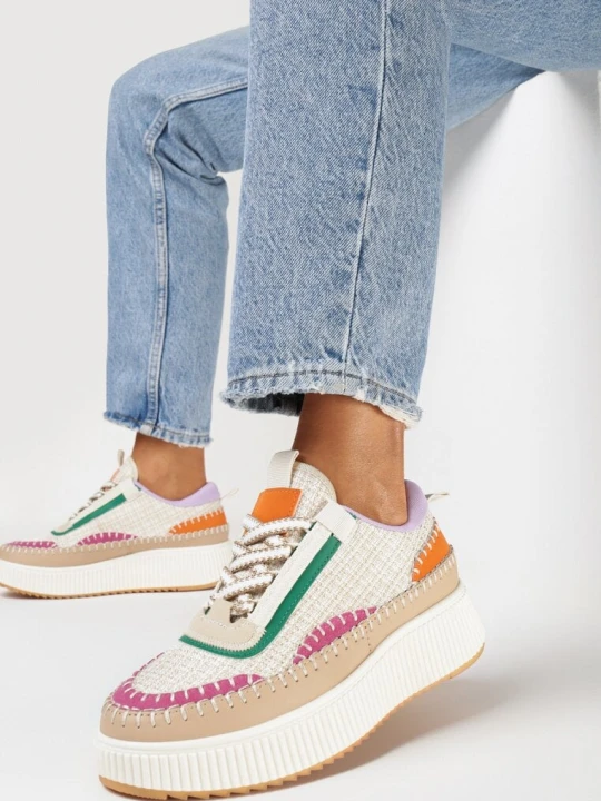 Zdjęcie produktu Beżowe Sneakersy na Platformie z Tweedową Wstawką Nanelwi