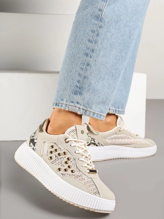 Zdjęcie produktu Beżowe Sneakersy Ozdobione Gwiazdą i Nitami Zeloti Fiori&spinc