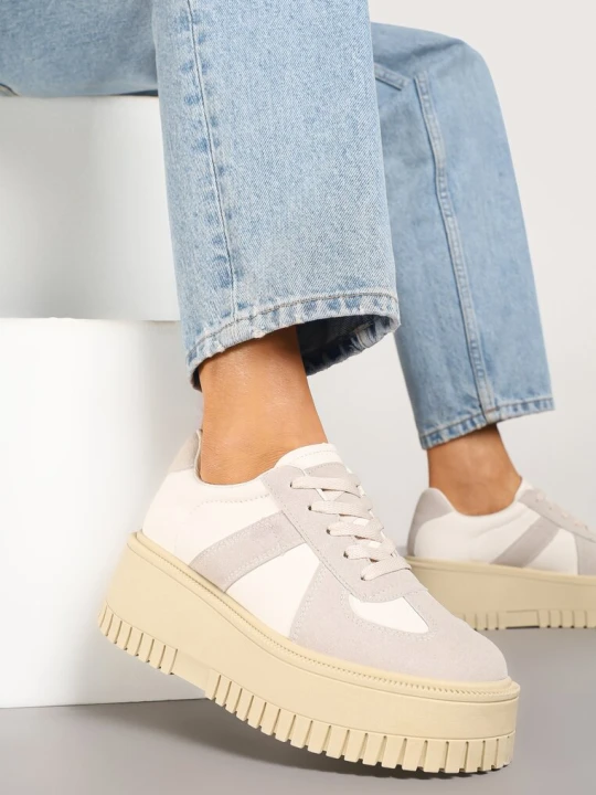 Zdjęcie produktu Beżowo-Szare Sneakersy Typu Tenisówki na Żłobionej Platformie Lorreia Ideal