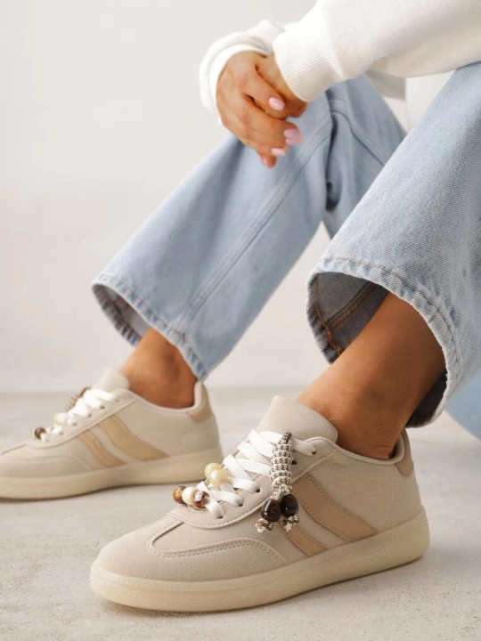 Zdjęcie produktu Beżowe Sneakersy Typu Tenisówki Ozdobione Koralikami Daemeli