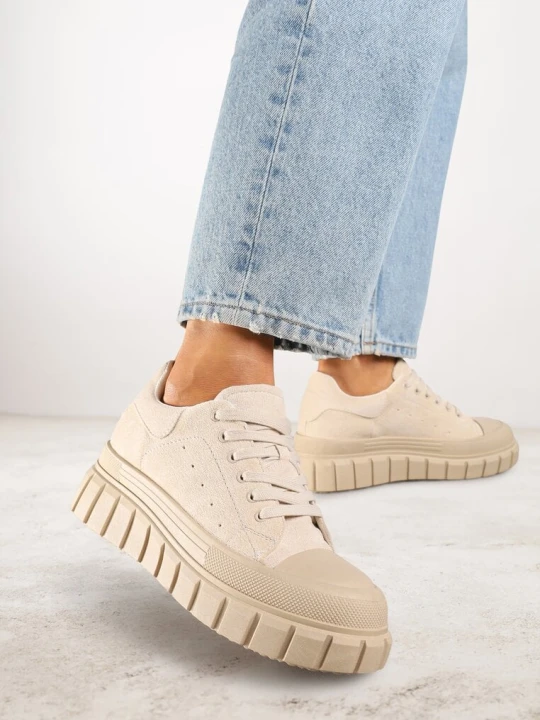 Zdjęcie produktu Beżowe Sneakersy Vices na Platformie z Tłoczeniem Ozdobione Perforacją Leaniael