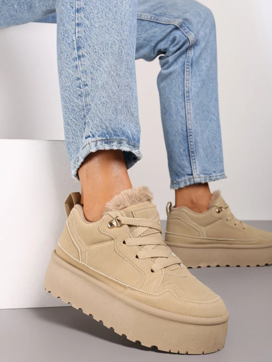 Zdjęcie produktu Beżowe Sneakersy Vices w Stylu Śniegowców na Platformie z Ozdobnym Futerkiem Nalirea