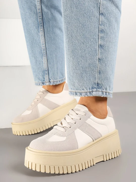 Zdjęcie produktu Beżowo-Szare Sneakersy w Stylu Tenisówek na Platformie z Tłoczeniami Firreis Ideal