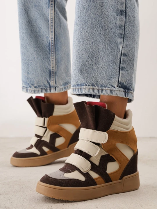 Zdjęcie produktu Beżowe Sneakersy w Stylu Y2K na Koturnie z Ociepleniem i Paskami na Rzep Aitia