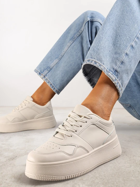 Zdjęcie produktu Beżowe Sneakersy z Cholewką przed Kostkę na Platformie Liciana