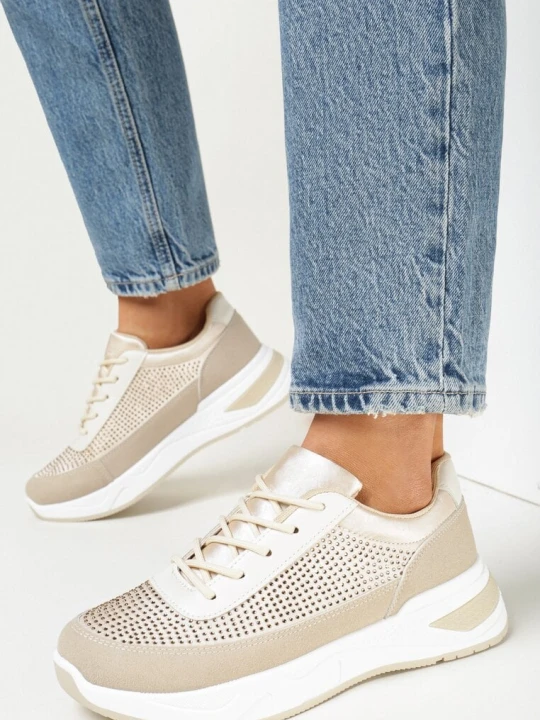 Zdjęcie produktu Beżowe Sneakersy z Cyrkoniami na Cholewce Diselva