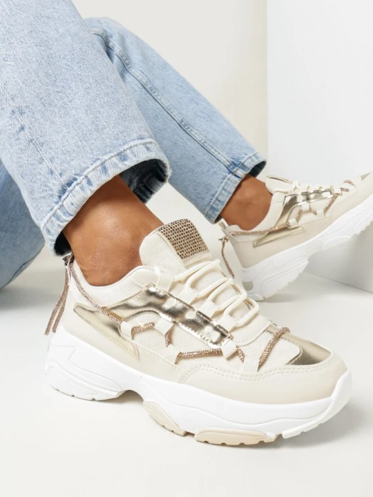 Zdjęcie produktu Beżowe Sneakersy z Dekoracyjnym Sznurkiem z Cyrkoniami Katalynne