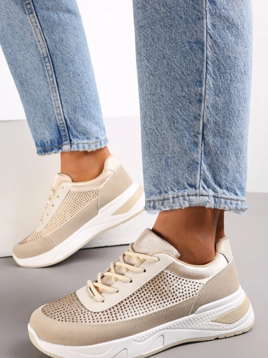 Zdjęcie produktu Beżowe Sneakersy z Drobnymi Cyrkoniami Hinekle