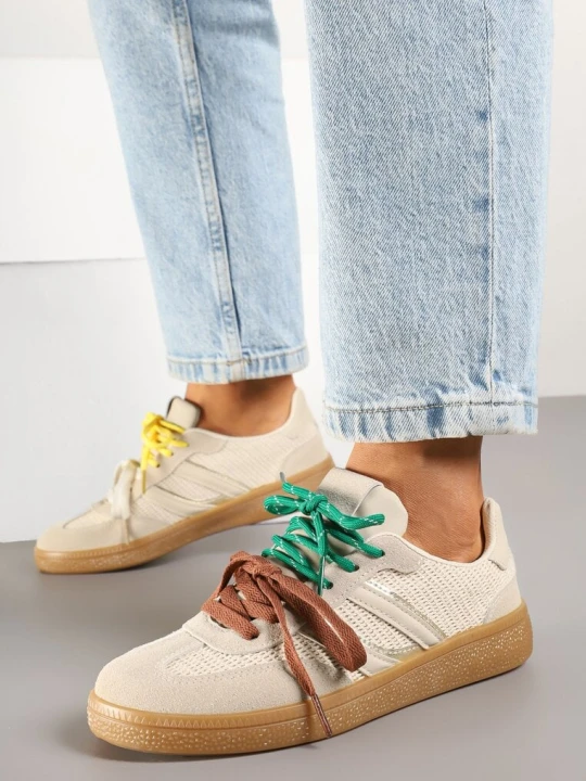 Zdjęcie produktu Beżowe Sneakersy z Geometrycznymi Paskami i Podwójnym Wiązaniem Florlevi Be.Sport