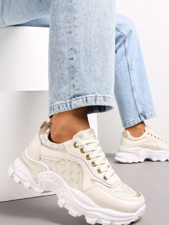 Zdjęcie produktu Beżowe Sneakersy z Metaliczną Nitką na Grubej Podeszwie Melimeda