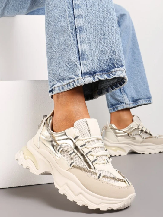 Zdjęcie produktu Beżowe Sneakersy z Metalicznymi Wstawkami na Niskiej Platformie z Ozdobnym Sznurkiem Oiriema