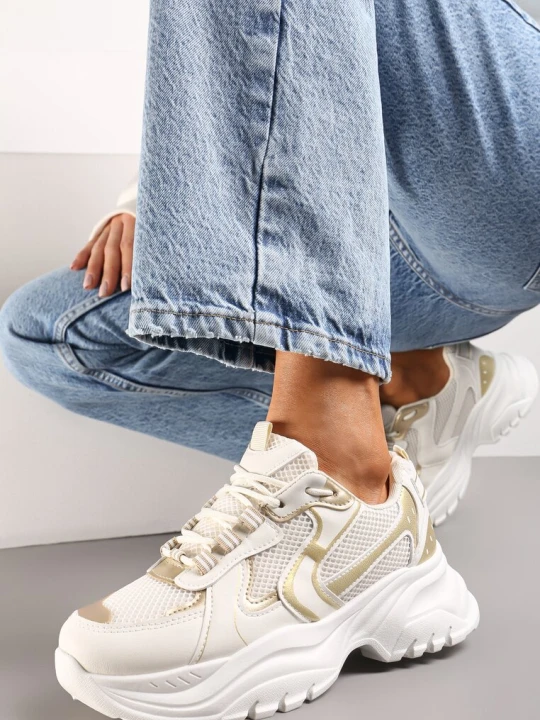 Zdjęcie produktu Beżowe Sneakersy z Przeszyciami i Wstawkami z Metalicznej Ekoskóry Tineal