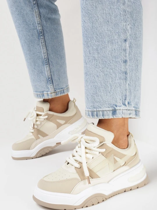 Zdjęcie produktu Beżowe Sneakersy z Szerokimi Sznurówkami Platinia