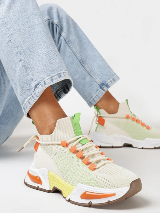 Zdjęcie produktu Beżowe Sneakersy ze Skarpetkową Cholewką i Grubą Podeszwą Lekkra