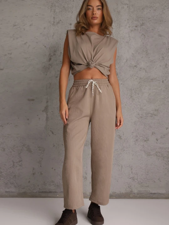 Zdjęcie produktu Beżowe Spodnie Casual Barrel High Waist z Gumką i Wiązaniem w Pasie Janesa Yu & Me