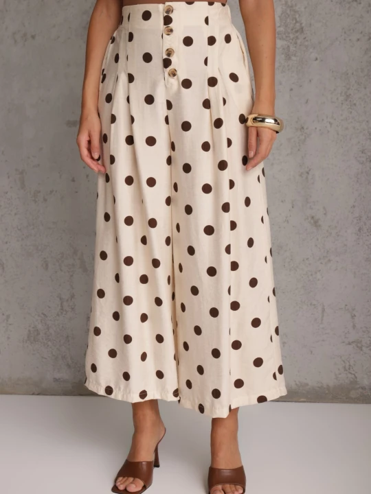 Zdjęcie produktu Beżowe Spodnie Casual Culottes w Groszki z Dużą Zawartością Wiskozy Thelialla Rosa