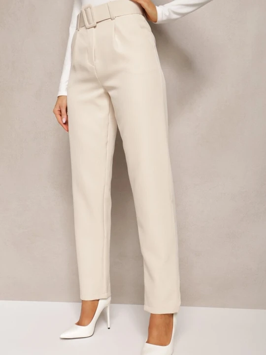 Zdjęcie produktu Beżowe Spodnie Garniturowe High Waist z Paskiem Wenus Lily Rose