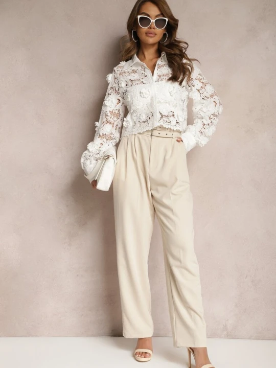 Zdjęcie produktu Beżowe Spodnie High Waist w Stylu Garniturowym z Paskami i Klamerkami Daklena Bisou's Project