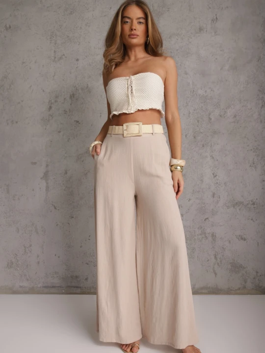Zdjęcie produktu Beżowe Spodnie High Waist Wide Leg z Wiskozą z Plecionym Paskiem Aridine Elsa.m By May