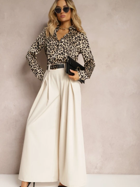 Zdjęcie produktu Beżowe Spodnie High Waist z Szerokimi Nogawkami i Paskiem Brillara Lily Rose