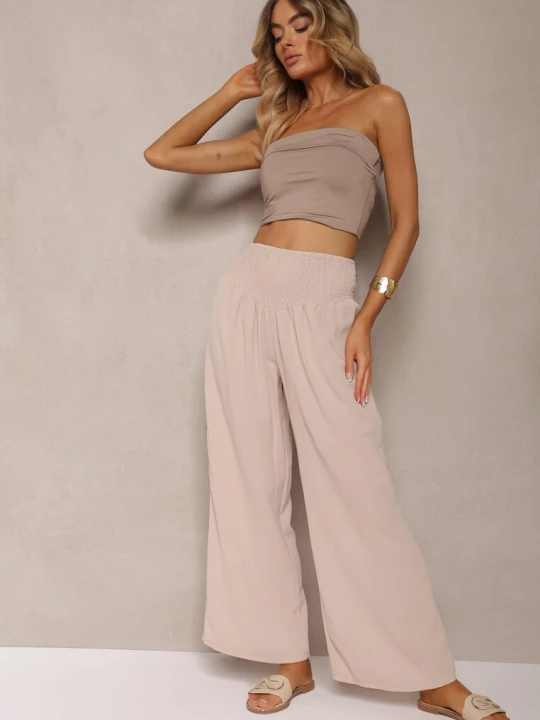 Zdjęcie produktu Beżowe Spodnie Kuloty High Waist z Gumką w Talii Lipadre H&s