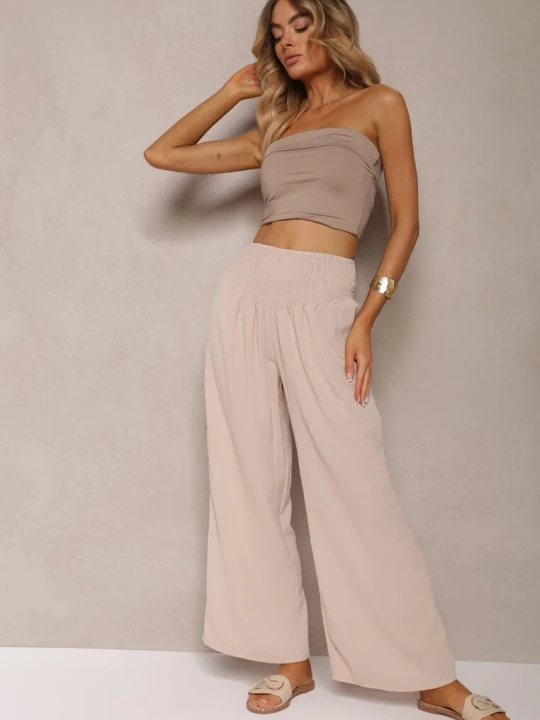 Zdjęcie produktu Beżowe Spodnie Kuloty High Waist z Gumką w Talii Lipadre H&s