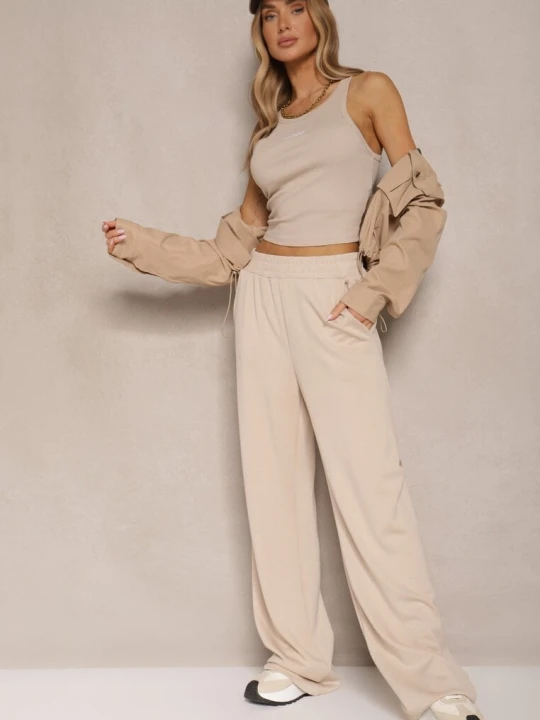 Zdjęcie produktu Beżowe Spodnie o Szerokim Kroju High Waist z Gumką w Pasie Belobira Lefon