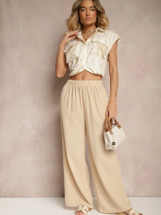Zdjęcie produktu Beżowe Spodnie Palazzo o Szerokim Kroju High Waist Ollevia H&s
