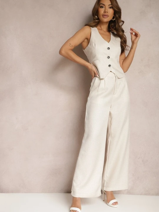 Zdjęcie produktu Beżowe Spodnie Szerokie Garniturowe High Waist Tamarixia Jus De Pom
