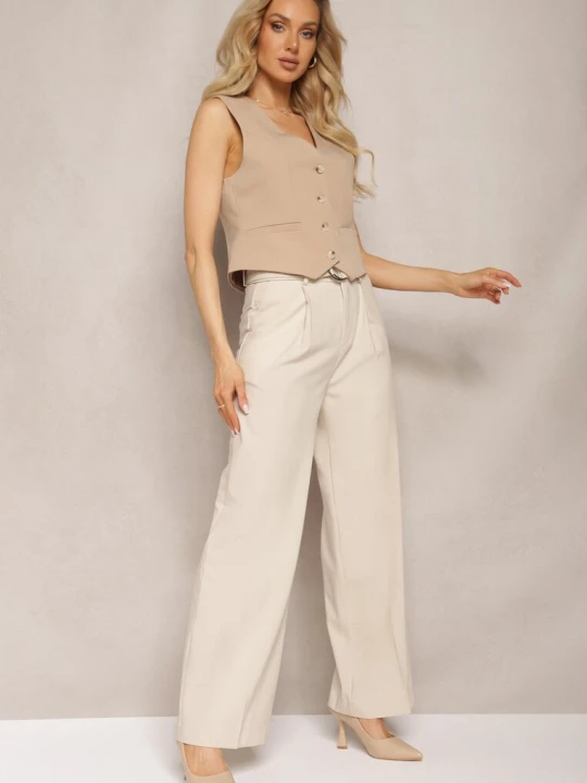 Zdjęcie produktu Beżowe Spodnie Szerokie High Waist Zapinane na Klamrę z Materiałowym Paskiem Etela Bisou's Project