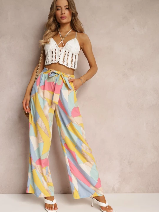 Zdjęcie produktu Beżowe Spodnie Szerokie z Wiązaniem Sanitis R&f Fashion