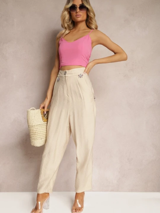 Zdjęcie produktu Beżowe Spodnie Typu High Waist Ozdobione Cyrkoniami Sajara Miss Poem