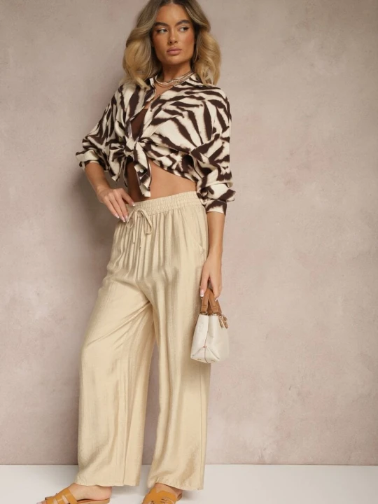 Zdjęcie produktu Beżowe Spodnie Typu Palazzo o Szerokim Kroju High Waist Ozdobione Wiązaniem Yaslevia H&s