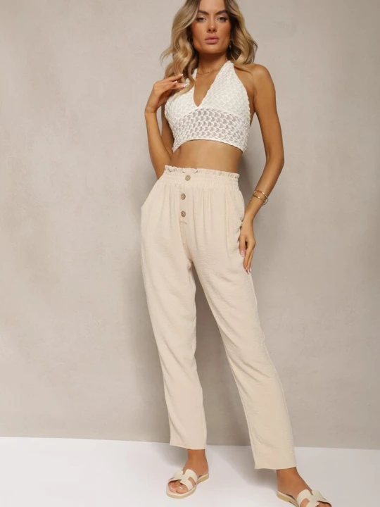 Zdjęcie produktu Beżowe Spodnie Typu Paper Bag High Waist z Gumką w Talii Salvavia Cflo