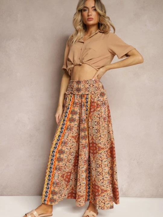 Zdjęcie produktu Beżowe Spodnie z Szerokimi Nogawkami Palazzo High Waist z Gumką w Talii Fiesa Bludeise