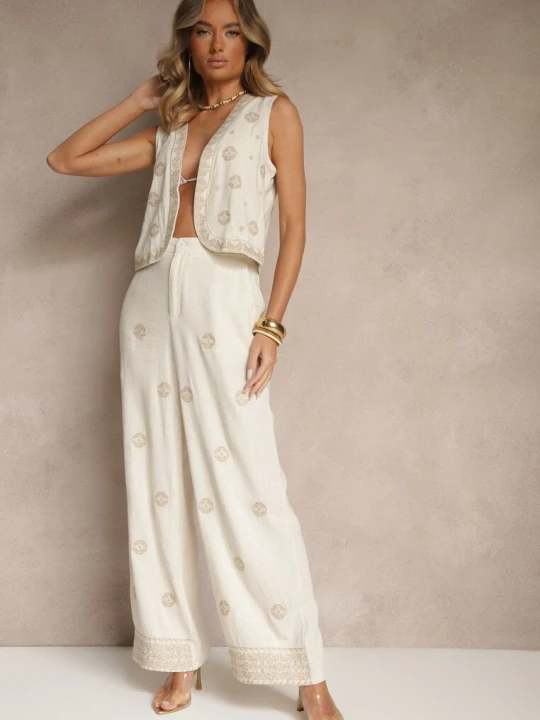 Zdjęcie produktu Beżowe Spodnie z Wiskozą i Lnem High Waist o Szerokim Kroju z Haftem Wilirna Melya By Melody