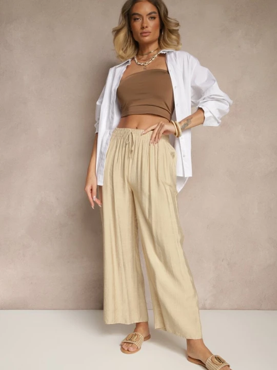 Zdjęcie produktu Beżowe Spodnie z Wiskozy High Waist o Szerokim Kroju Divlise Rosita