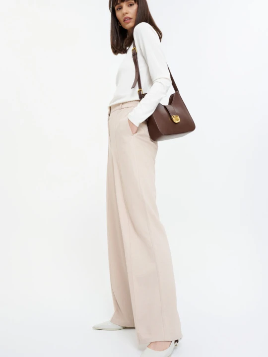 Zdjęcie produktu Beżowe stylowe spodnie wide leg Greenpoint