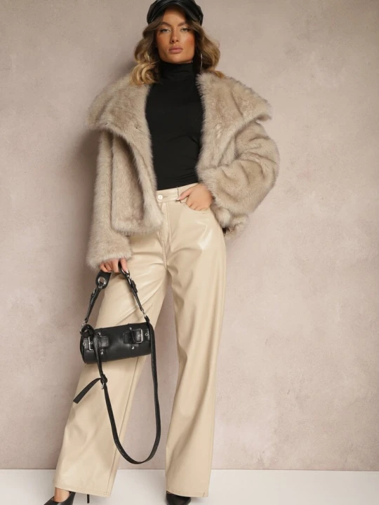 Zdjęcie produktu Beżowe Szerokie Spodnie High Waist z Imitacji Skóry Enawinn Daysie