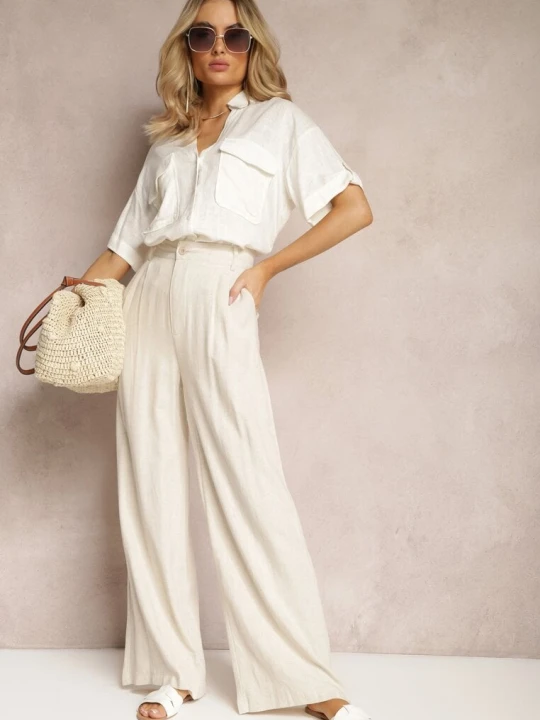 Zdjęcie produktu Beżowe Szerokie Spodnie High Waist z Lnu i Wiskozy Apoises Melya By Melody