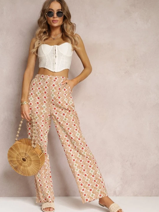 Zdjęcie produktu Beżowe Szerokie Spodnie w Fantazyjny Print Bawełniane Rosabella