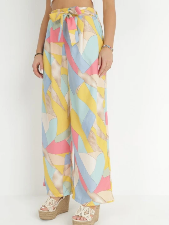 Zdjęcie produktu Beżowe Szerokie Spodnie w Geometryczny Wzór Amunio R&f Fashion