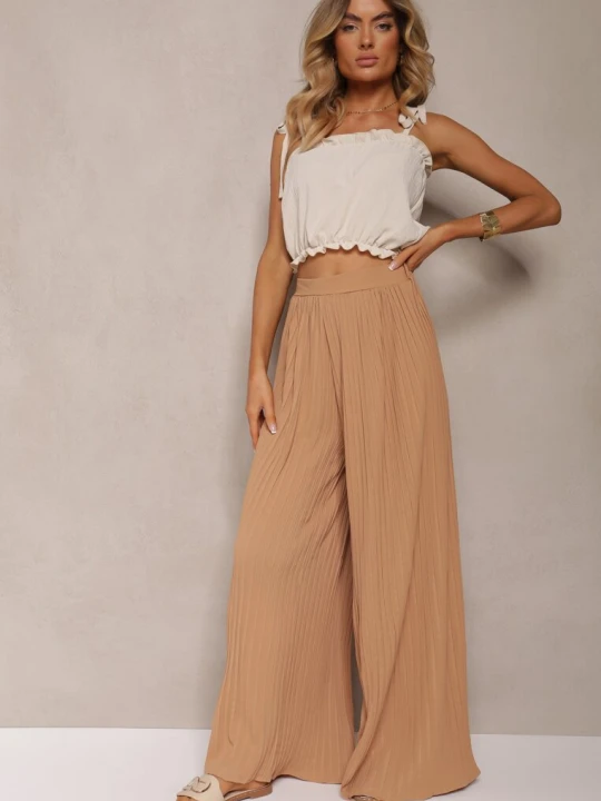 Zdjęcie produktu Beżowe Szerokie Spodnie z Plisami High Waist Mirealli Melya By Melody