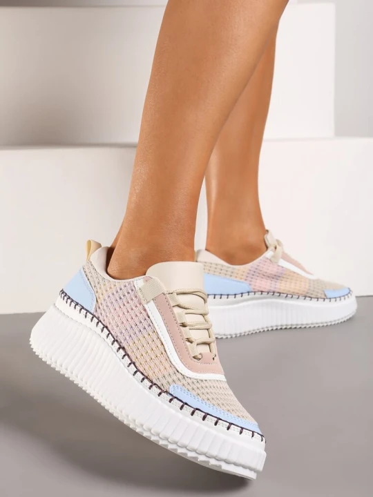 Zdjęcie produktu Beżowo-Niebieskie Sznurowane Sneakersy na Grubej Podeszwie do Kostki Pasapia