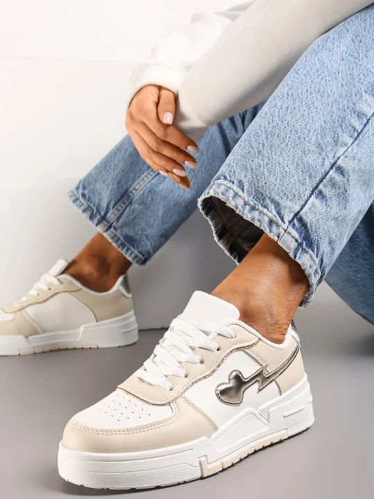 Zdjęcie produktu Beżowe Sznurowane Sneakersy na Grubej Podeszwie z Brokatowym Zdobieniem Anaieli