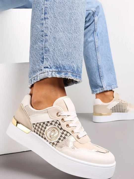 Zdjęcie produktu Beżowe Sznurowane Sneakersy na Grubej Podeszwie z Ozdobną Wstawką Minsa